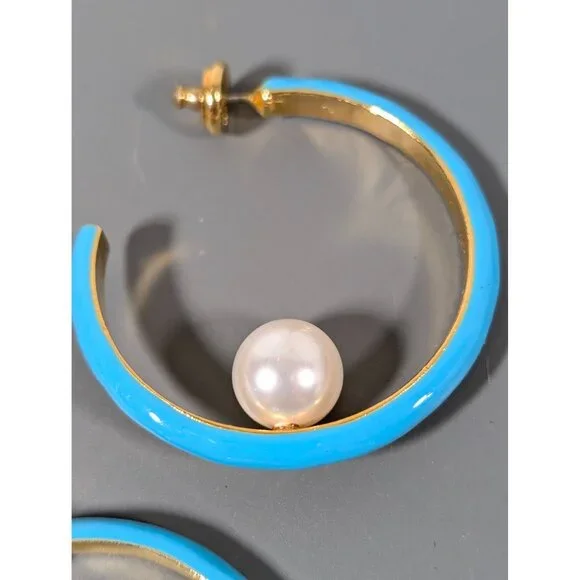 Turquoise Blue Enamel Hoop Earrings Faux‎ Pearl Signed Kenneth Lane - Picture 6 of 10